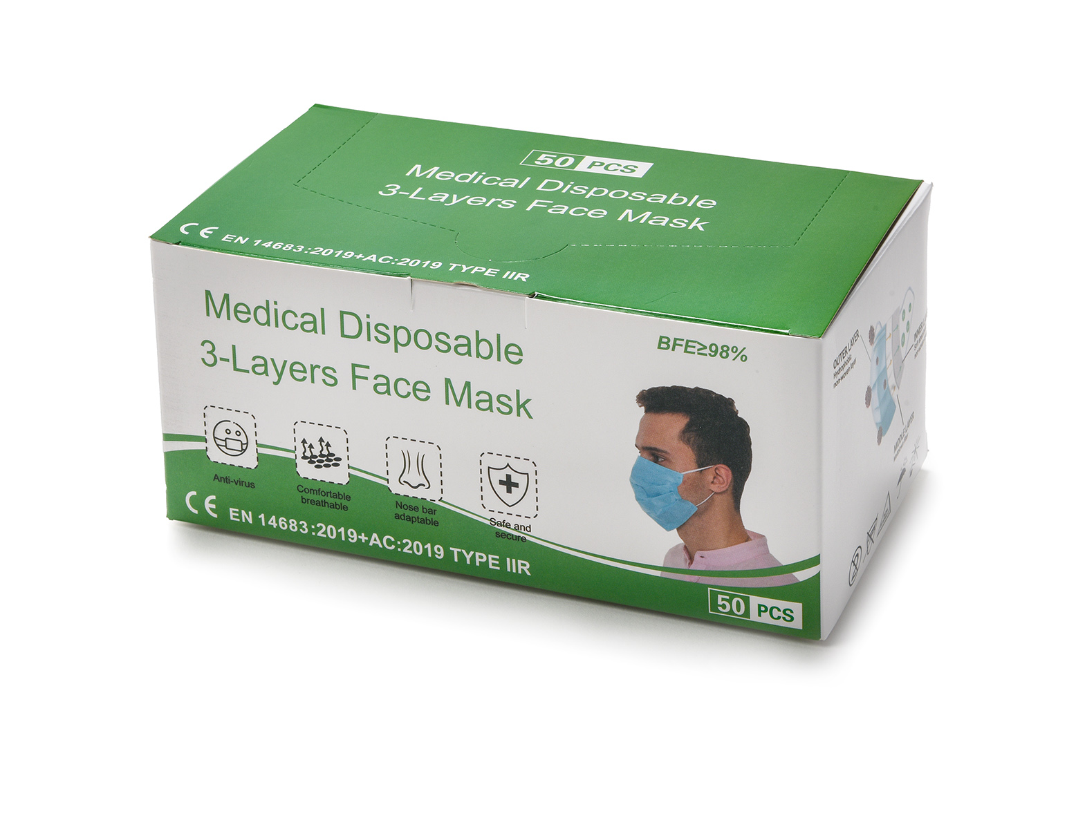 Mondmasker chirurgisch type IIR - 3 lagen - oorelastieken - blauw (50 st)